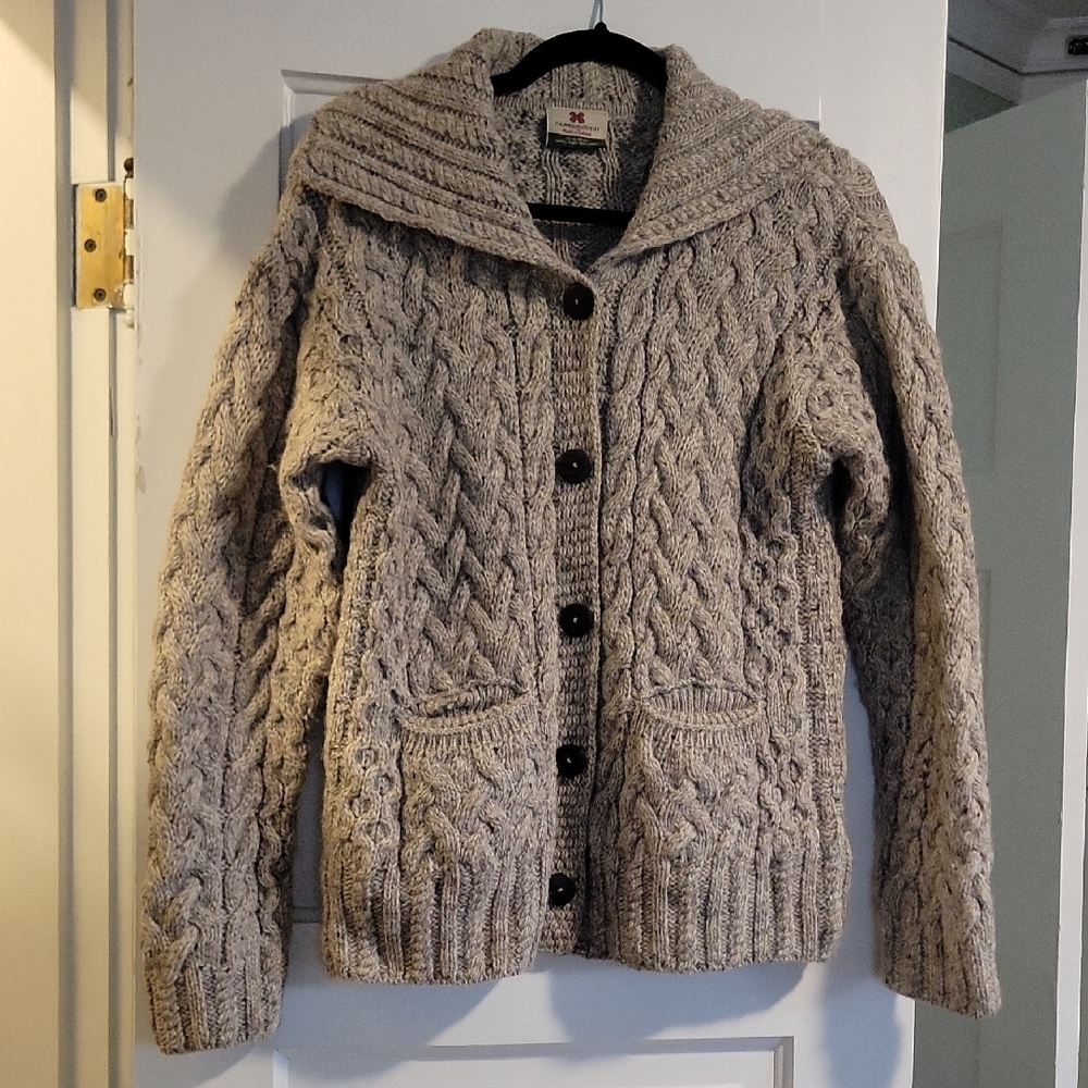 Carraigdonn Oatmeal Irish Wool Cable Knit Shael Collar Cardigan - M